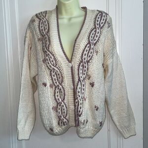 Vtg 80s/90s Sarit hand knit cream & lavender ramie/acrylic‎ cardigan sweater